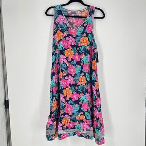 Cuddl Duds Tropical Hibiscus Floral Nightgown Navy Pink S CD20012 Sleeveless S/L